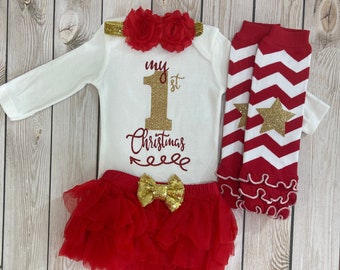 Baby girl first Christmas outfit| newborn 1st Christmas outfit girl| baby girl 1st Christmas shirt| first outfit Christmas red & gold