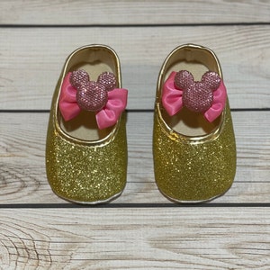 Gold Glitter Baby Shoes: Pink Minnie Mouse Bow, First Birthday