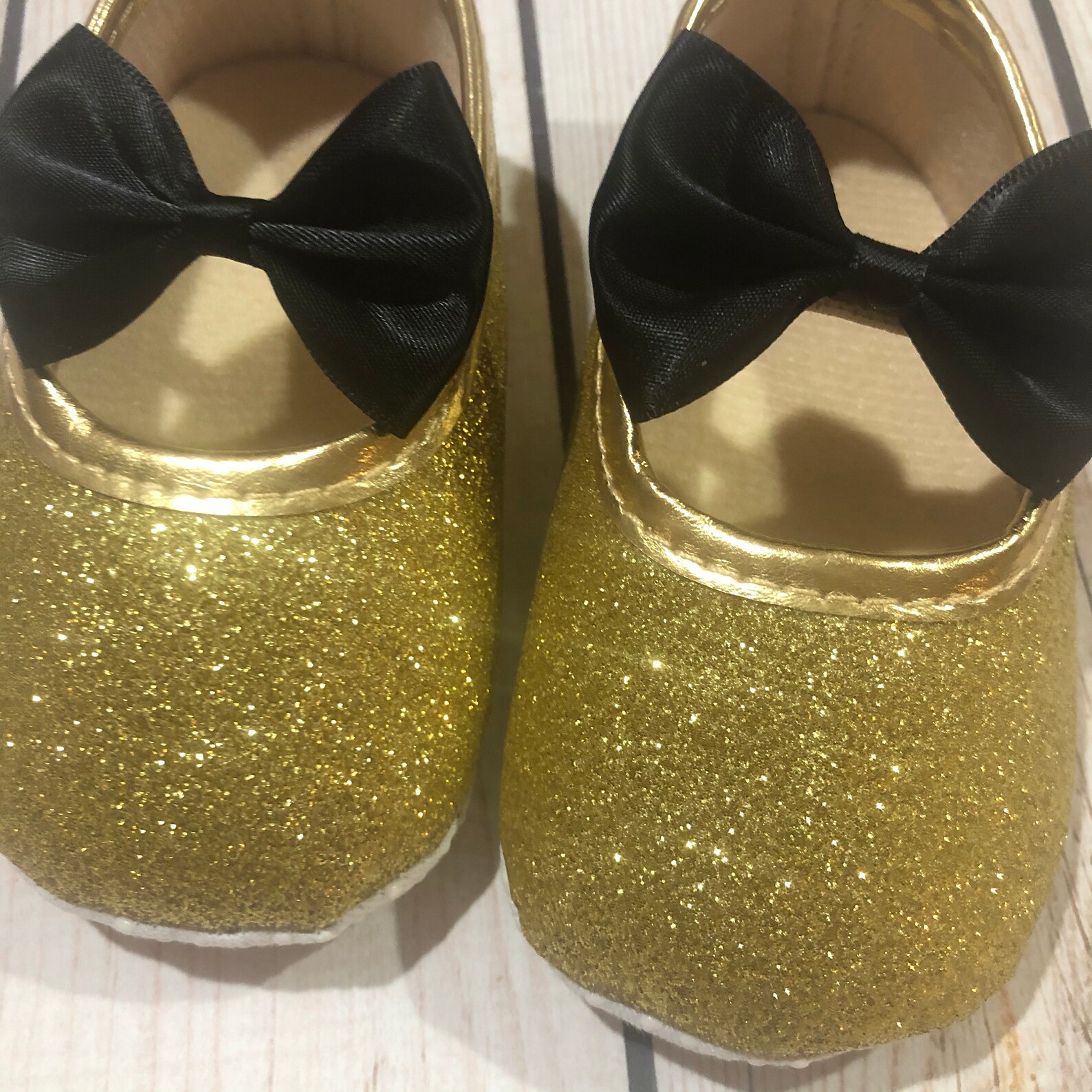 Baby Glitter Shoes Black Bow Infant Gold Shoes Gold Glitter Etsy