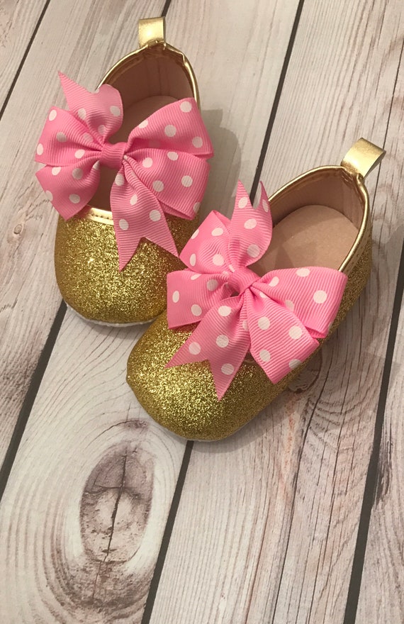 Gold Glitter Baby Shoes: Pink Polka Dot Bow, Birthday Outfit UK