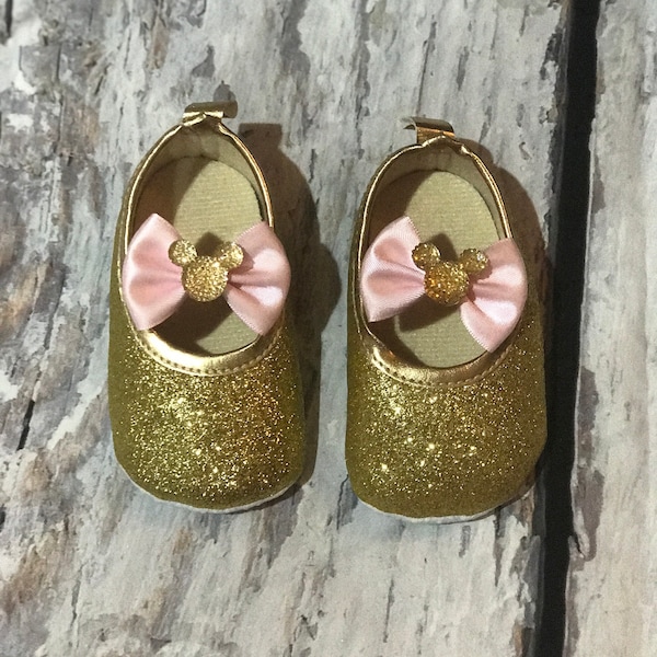 Baby glitter shoes, Minnie Mouse gold glitter shoes, light pink ribbon baby shoes gold, first birthday shoes girl