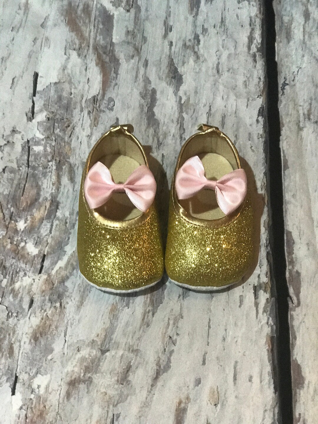 Baby Glitter Shoes, Gold Glitter Shoes, Light Pink Ribbon Baby Shoes