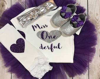 Miss Onederful 1st Birthday Outfit: Purple Tutu, Glitter Shoes