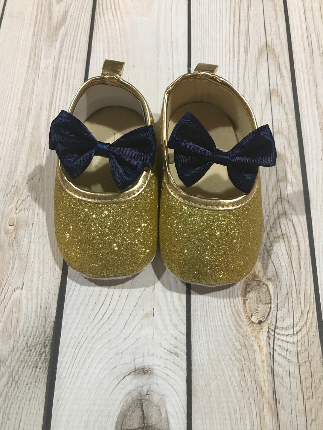 Dark Navy Blue Bow Baby Glitter Shoes, Baby Shoes Gold, First Birthday