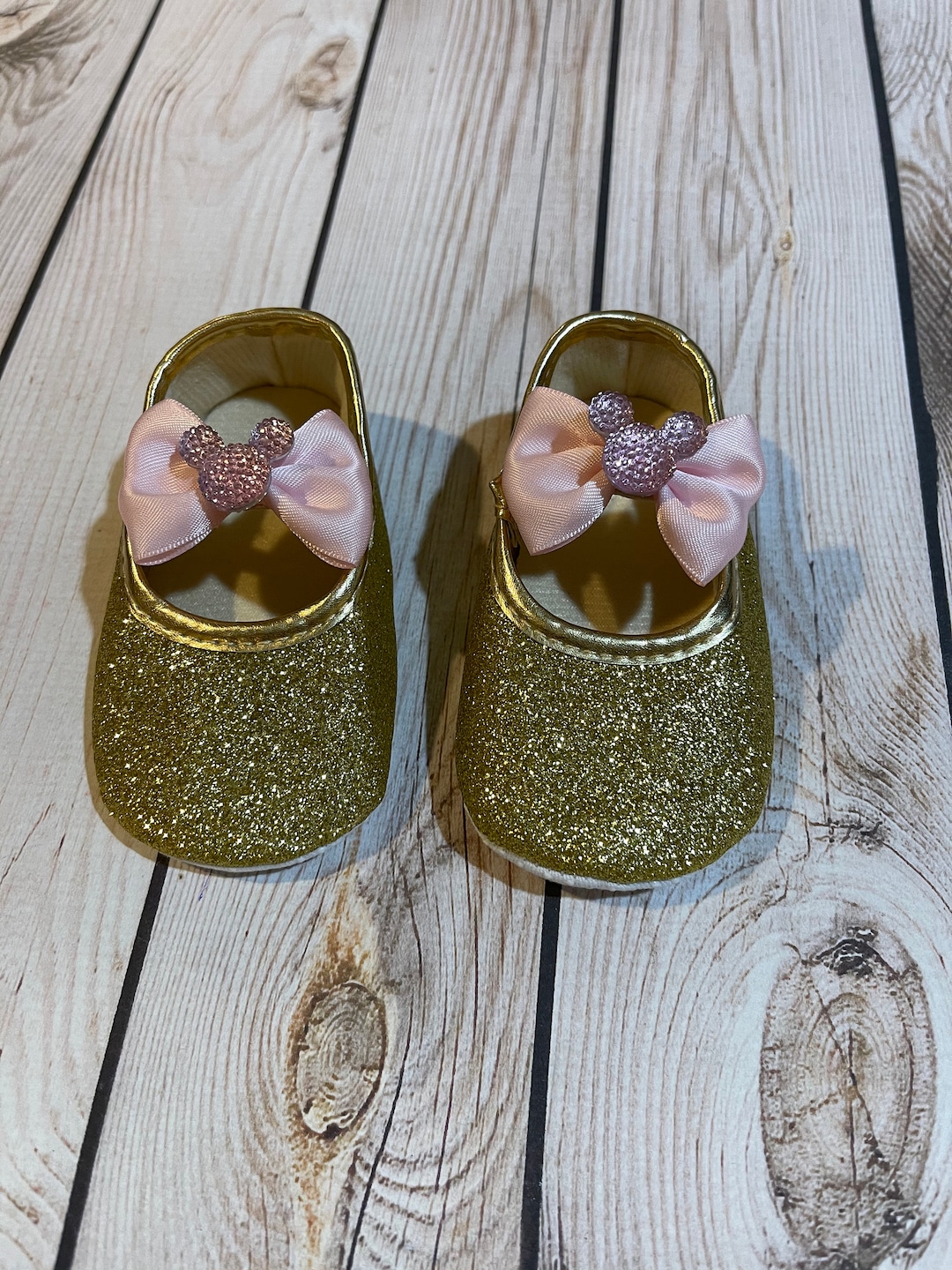 Baby Glitter Shoes Gold Minnie Gold Glitter Shoes Infant Etsy