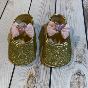 Gold Glitter Baby Shoes: Minnie Mouse Pink Ribbon, First Birthday