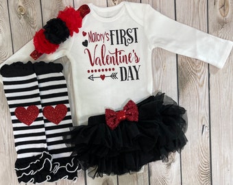 Baby Girl's First Valentine's Day Outfit: Onesie, Bloomers & Headband