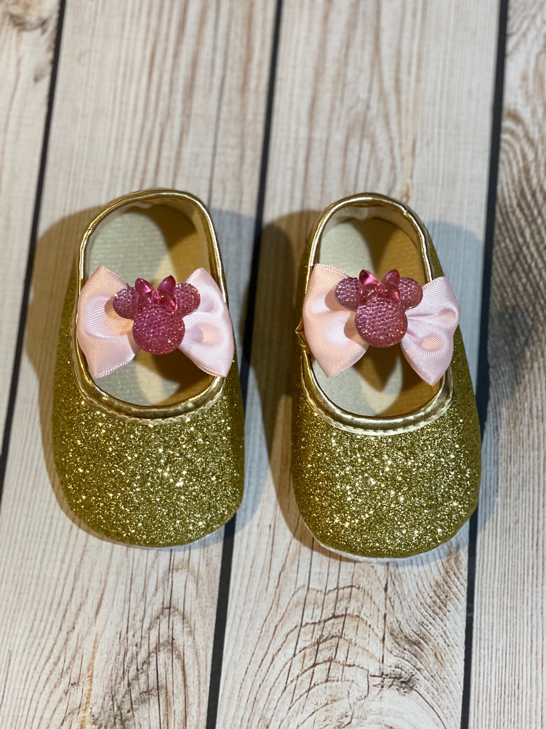 Baby Glitter Shoes Gold, Minnie Mouse Shoes, Minnie Gold Glitter Shoes