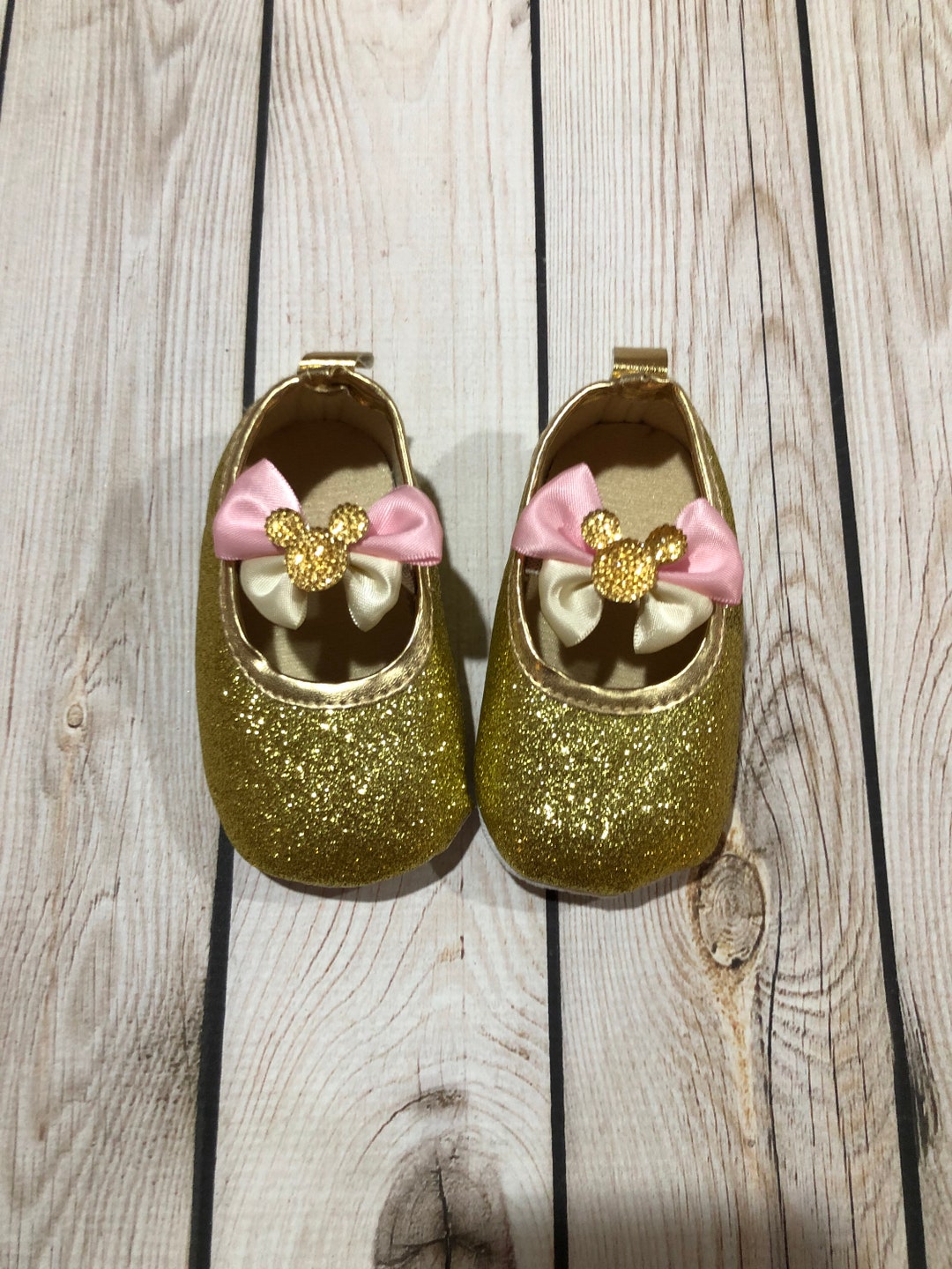 Baby Glitter Shoes, Minnie Mouse Glitter Shoes, Gold Glitter Shoes, 1st