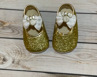 Glittery Gold Baby Shoes: Minnie Mouse, First Birthday