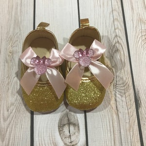 Baby glitter shoes, Minnie Mouse glitter shoes, first birthday glitter shoes, gold glitter shoes, baby shoes gold, first birthday shoes girl