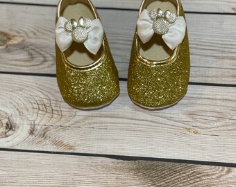 Glittery Gold Baby Shoes: Minnie Mouse, First Birthday