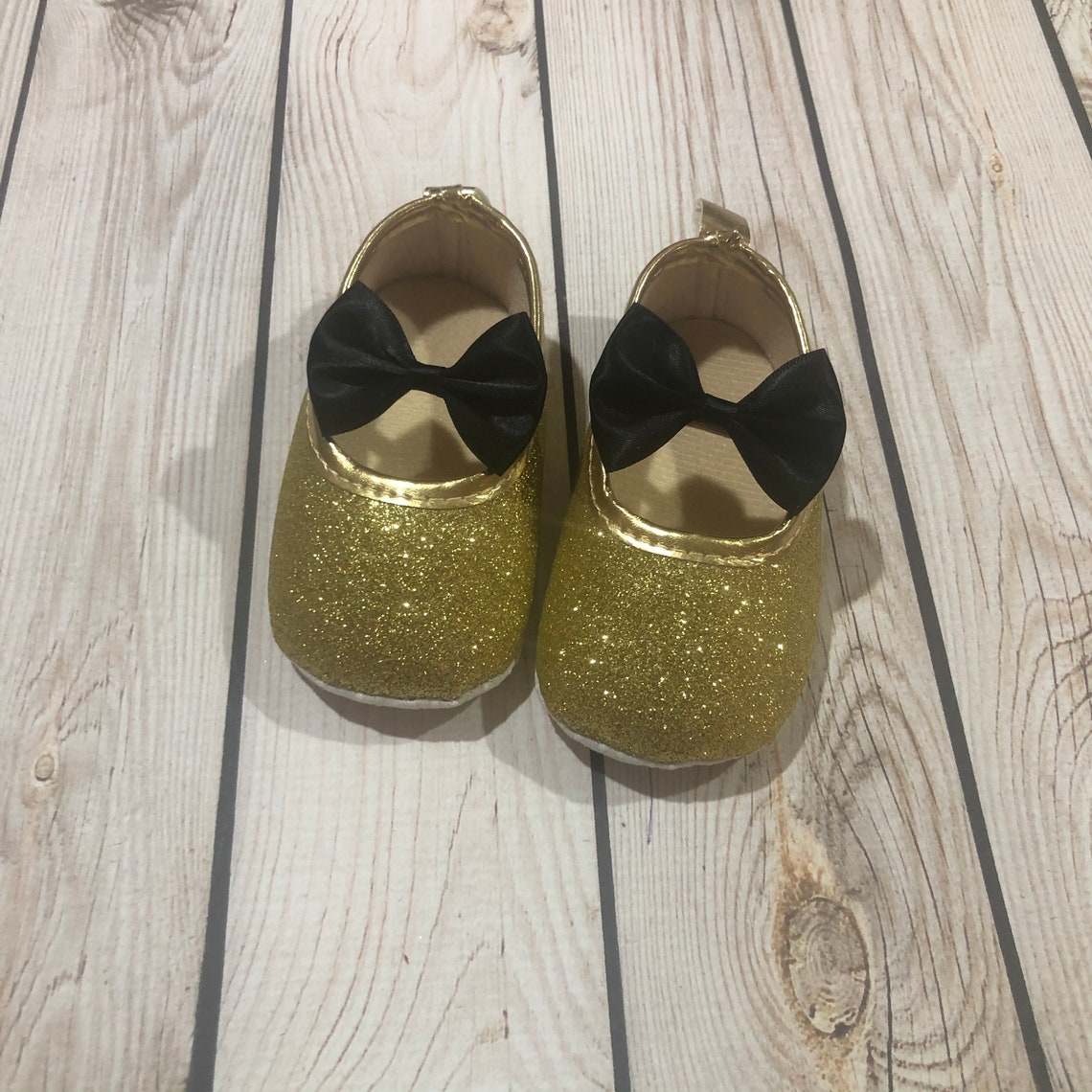 Baby glitter shoes black bow infant gold shoes gold glitter Etsy