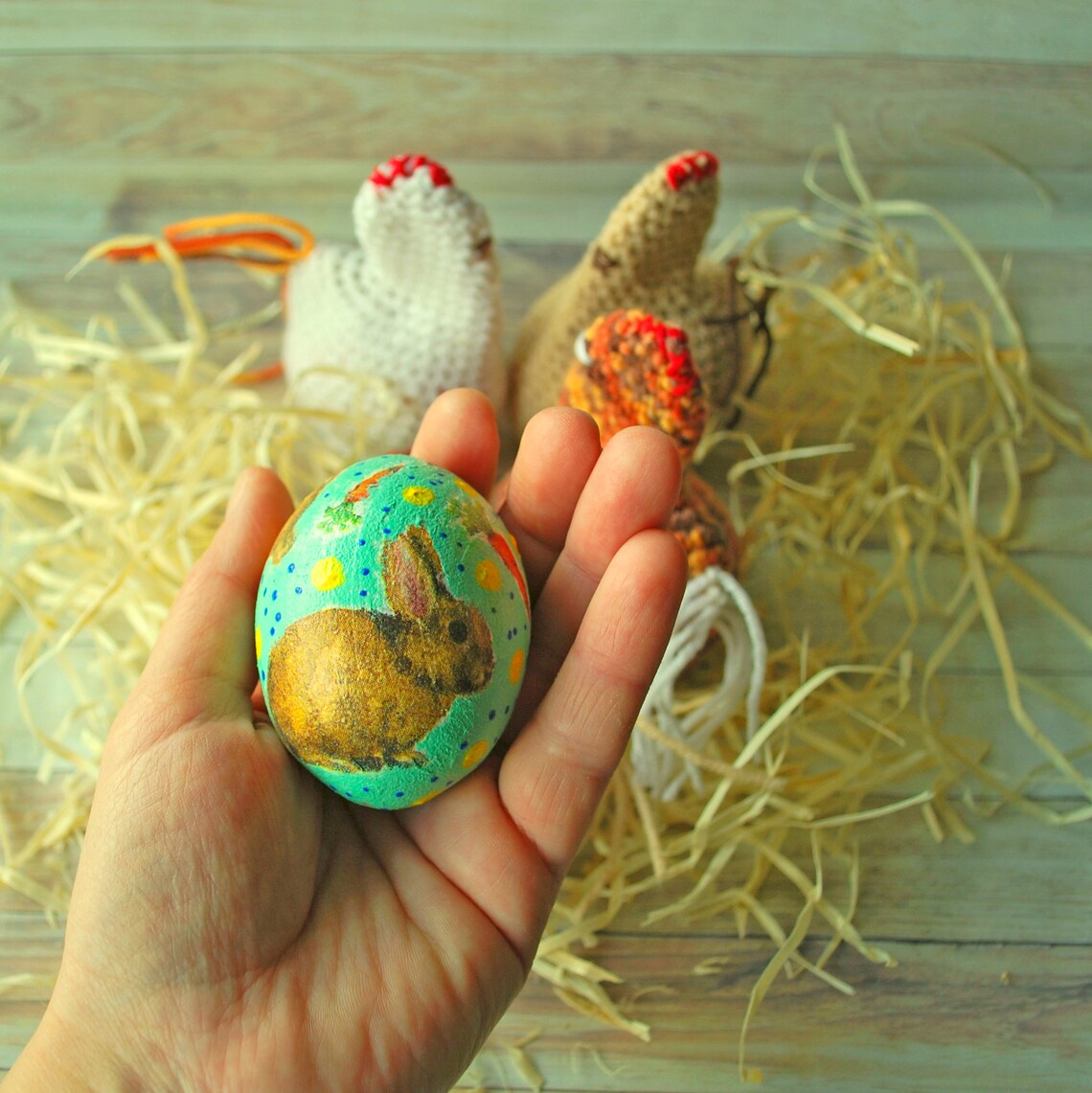 Decoupaged Wooden Easter Egg With Crochet Chicken Cover Easter Basket Easter Decor Wooden Egg