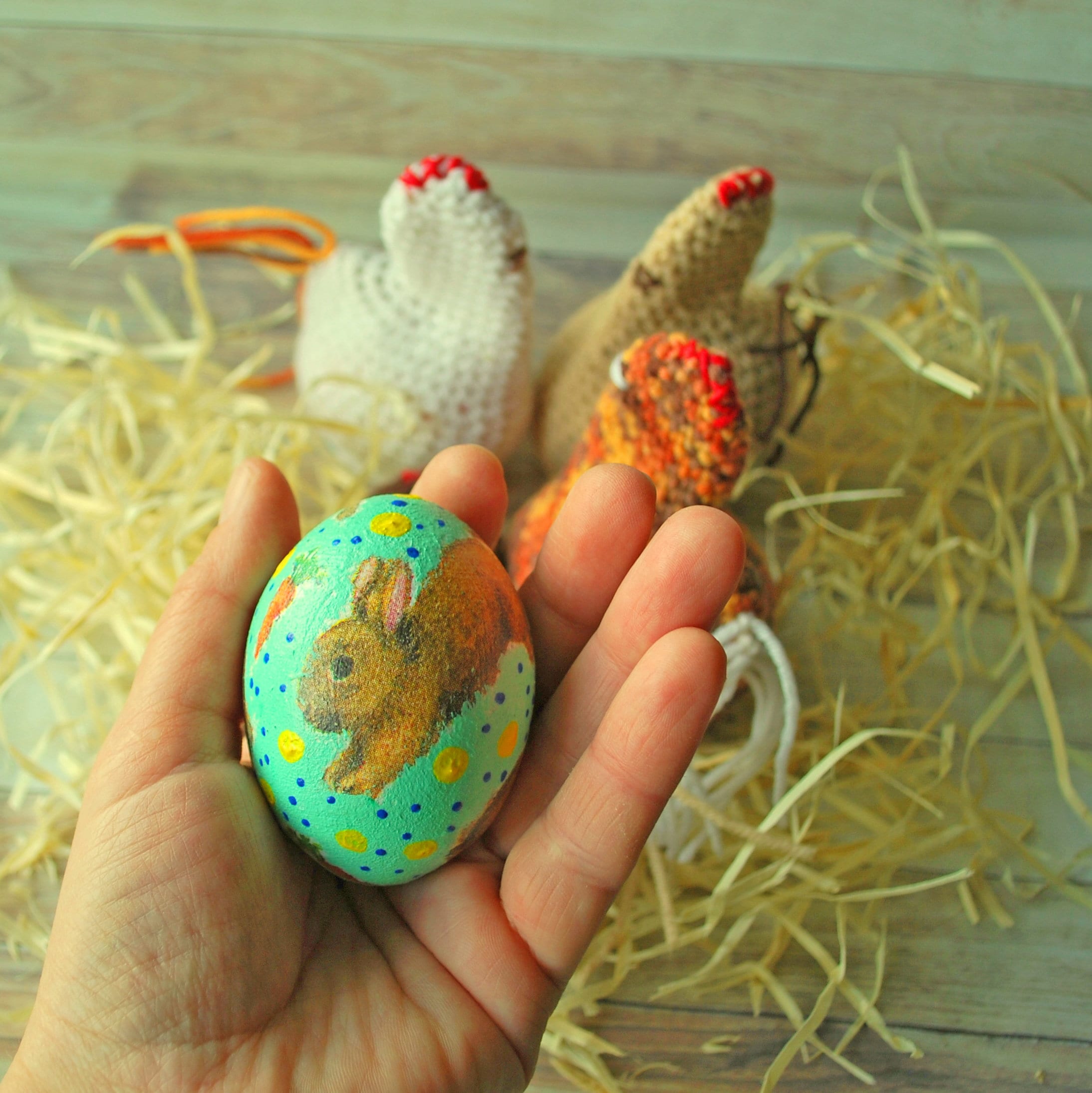 Decoupaged Wooden Easter Egg With Crochet Chicken Cover Easter Basket