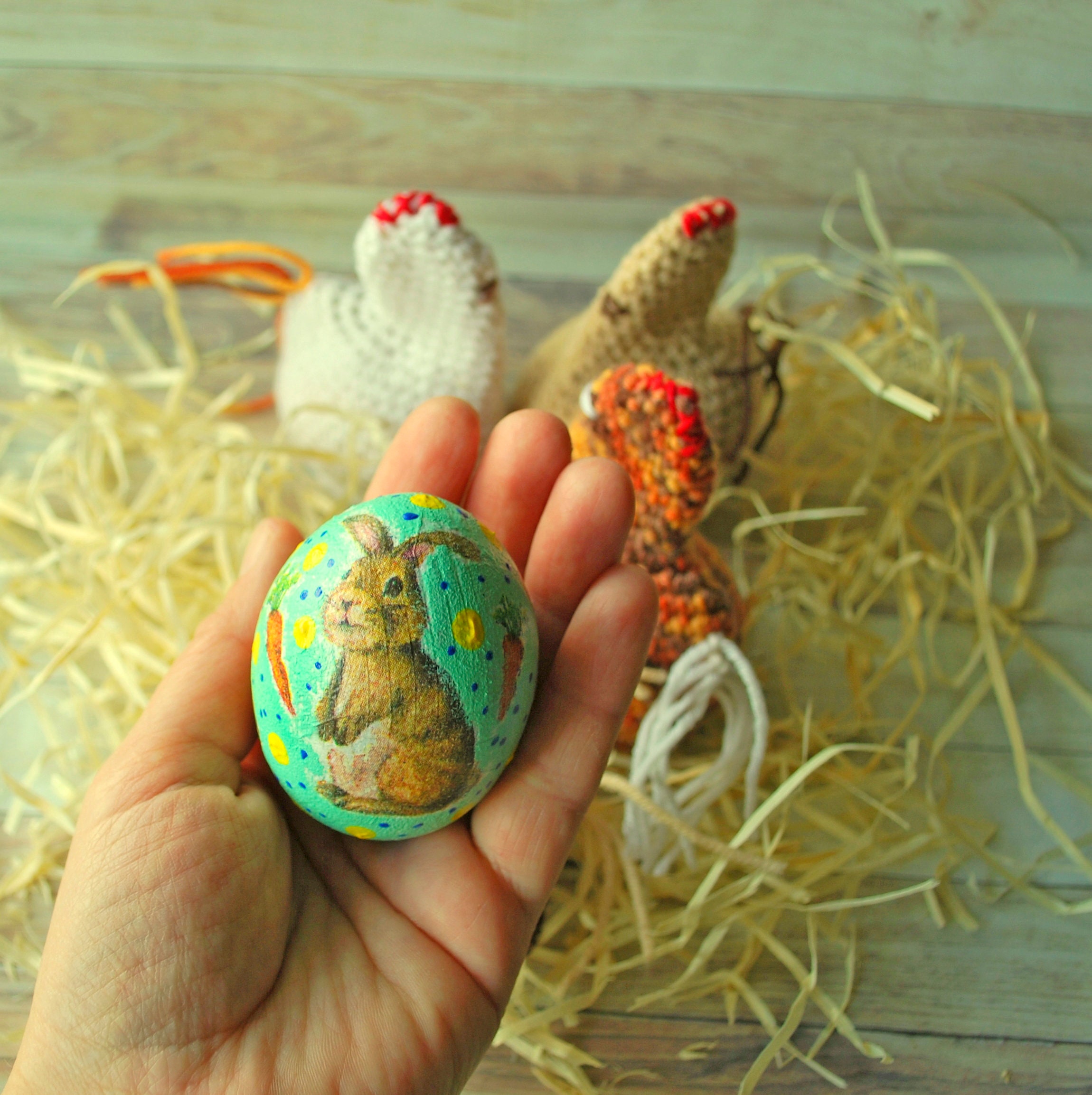 Decoupaged Wooden Easter Egg With Crochet Chicken Cover Easter Basket Easter Decor Wooden Egg