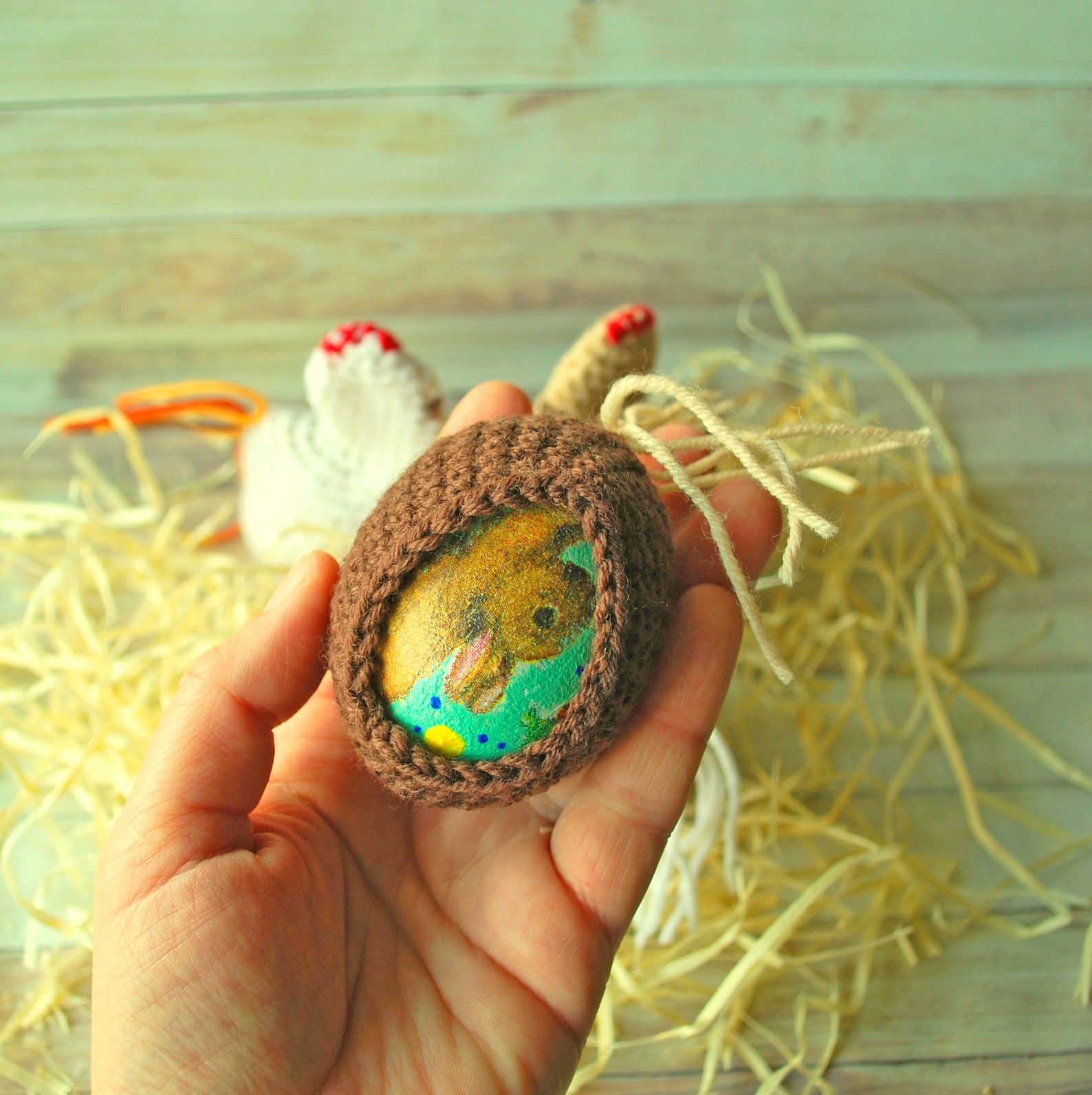 Decoupaged Wooden Easter Egg With Crochet Chicken Cover Easter Basket Easter Decor Wooden Egg