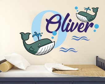 Whale Name Decal - Personalized Name Decal - Name Sticker - Custom Name Decal - Wall Decal For Nursery | Name Wall Decal | Kids Room Decal