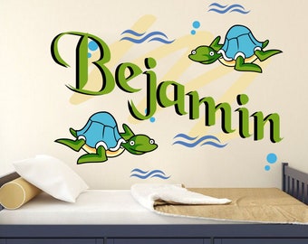 Beach Turtles Name Decal - Personalized Name Decal - Name Sticker - Custom Name Decal - Wall Decal For Nursery | Kids Room Decal Sticker