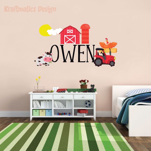 Barn Tree and Tractor Custom Name Nursery Baby Boy Wall Decal Vinyl Sticker for kids | Home Décor | Custom Kids Room Decal | Bedside Decals