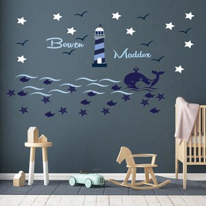 Custom Name & Initial Lighthouse Whale Series | Baby Boy Girl Unisex | Wall Decal Nursery for Home Bedroom Children. by KD | Name Wall Decal