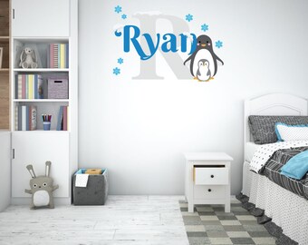 Penguin Family Custom Name and Initial  Nursery Baby Boy Wall Decal Vinyl Sticker for kids | Home Décor | Custom Kids Room Decal