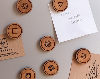 Polyhedral Dice Bamboo Magnet Set / DnD Dice Magnets / D&D Fridge Magnets / D20 Magnet / Whiteboard Magnets