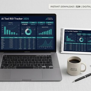 May include: A laptop and tablet display an AI Tool ROI Tracker 2026 dashboard with charts and data. A coffee mug with "BUILD & ANALYZE" text, a pen, and paper clips are on the white surface.