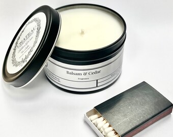 Balsam and Cedar Hand Poured Natural Coconut & Soy Vegan Wax Scented Tin Travel Candle 8oz | Small Batch | Perfect Holiday/ Christmas Gift