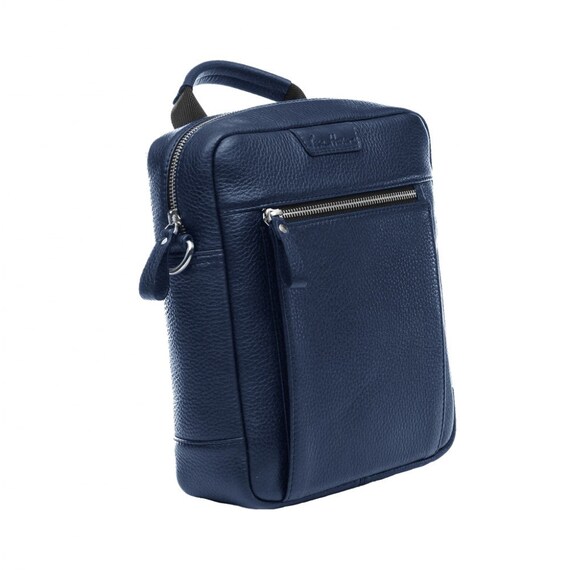 mens blue leather messenger bag
