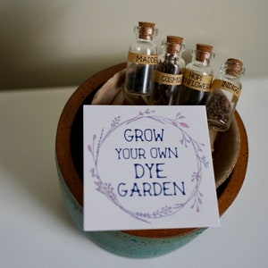 May include: A small wooden bowl with a teal exterior and brown interior holds four small glass bottles with cork stoppers. Each bottle is labeled with a different plant name. A card with the text "Grow Your Own Dye Garden" is in the bowl.