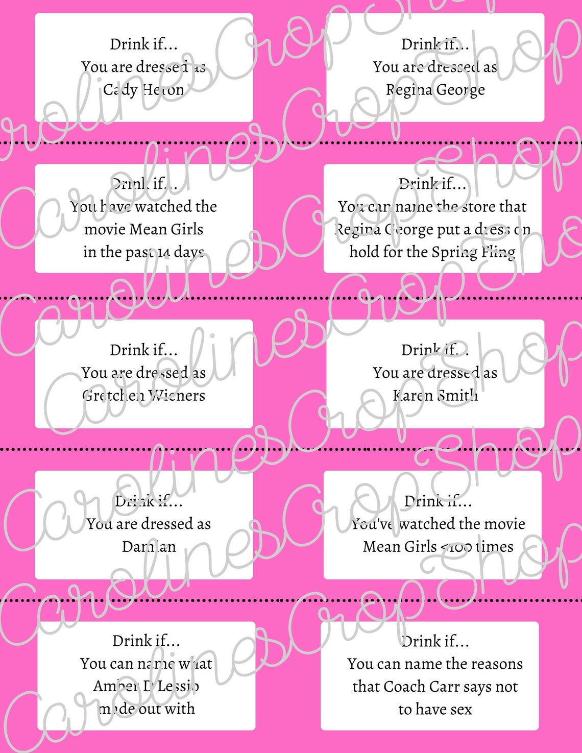 Mean Girls Drinking Game, INSTANT DOWNLOAD (with Canva) Etsy