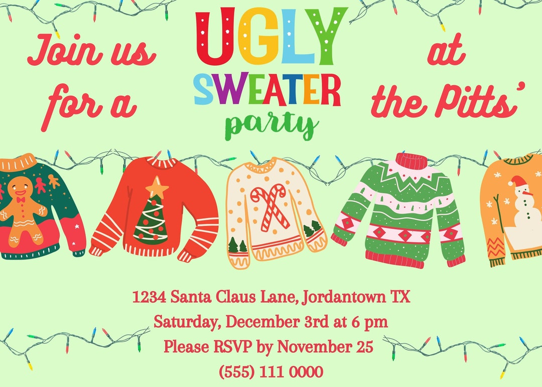 Ugly Sweater Party, Tacky Sweater Party, INSTANT DOWNLOAD with Canva Etsy
