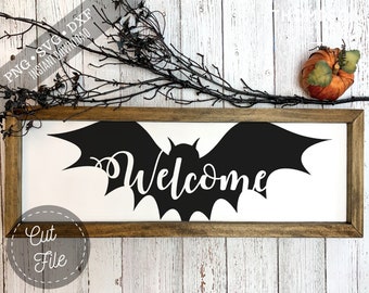 Halloween Bat Welcome SVG Cut File, Fall Sign DXF, Rustic Fall, Farmhouse Sign Cut File, PNG