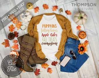 Archivo SVG de corte para camiseta de otoño: Calabazas, hojas y sidra de manzana (descarga digital)