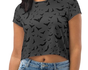 Halloween Bat Crop Top | Gothic Bat Shirt | Halloween Crop Top | Spooky Bat Print Top | Bat Pattern Short Sleeve Shirt | Creepy Cute Top