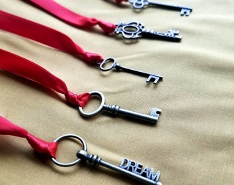 Skeleton Key Bookmark, Circle Shaped Key Bookmark, Victorian Bronze Key, Red Satin Ribbon, Ribbon Bookmarks, Reading Gifts