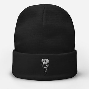 Raven Skull Embroidered Beanie | Bones Hat | Winter Beanie | Raven Head Beanie