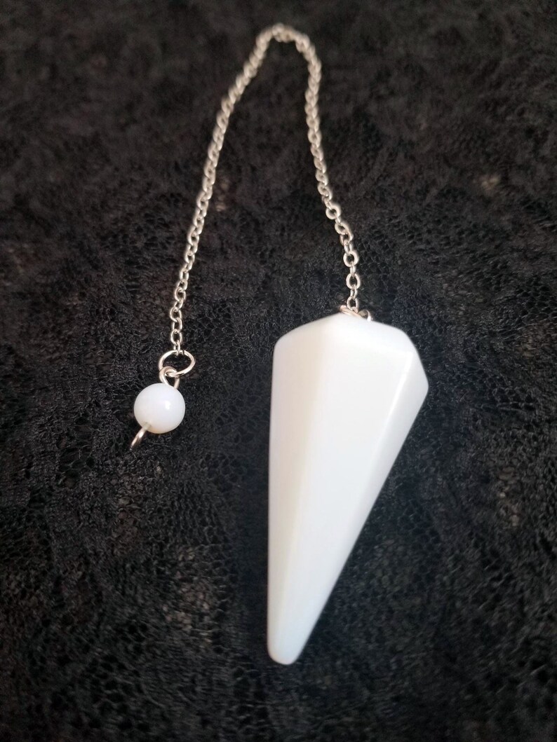 Opalite Glass Crystal Pendulum With Silver Plated Chain Opalite Glass Point Pendulum Healing Dowsing Energy Balancing image 4