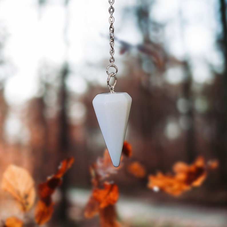 Opalite Glass Crystal Pendulum With Silver Plated Chain Opalite Glass Point Pendulum Healing Dowsing Energy Balancing image 1