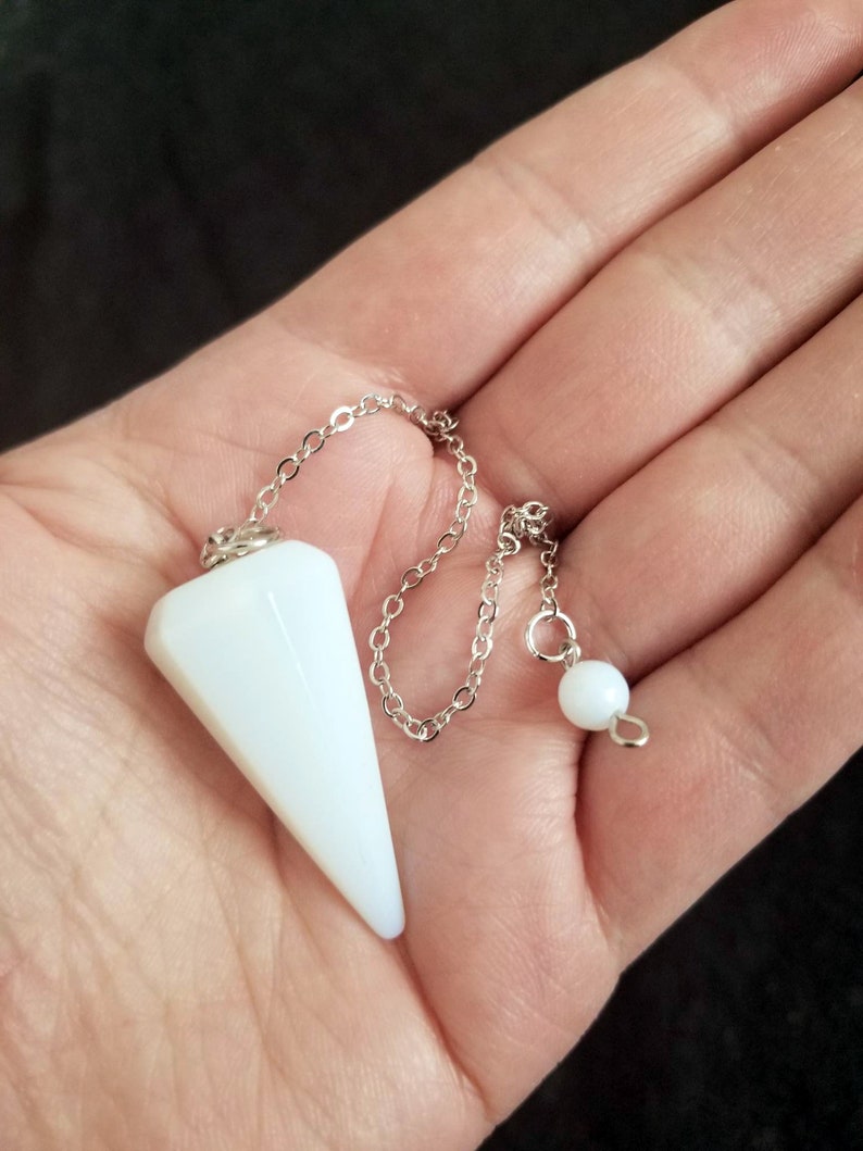 Opalite Glass Crystal Pendulum With Silver Plated Chain Opalite Glass Point Pendulum Healing Dowsing Energy Balancing image 3