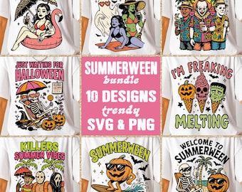 Summerween SVG PNG Bundle, Funny Spooky Summer svg, Retro Skeleton Ghost Pumpkin Horror png, Trendy Halloween Beach Summer Sublimation