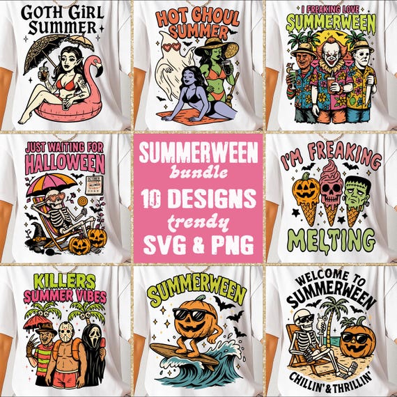 Summerween SVG PNG Bundle, Funny Spooky Summer svg, Retro Skeleton Ghost Pumpkin Horror png, Trendy Halloween Beach Summer Sublimation