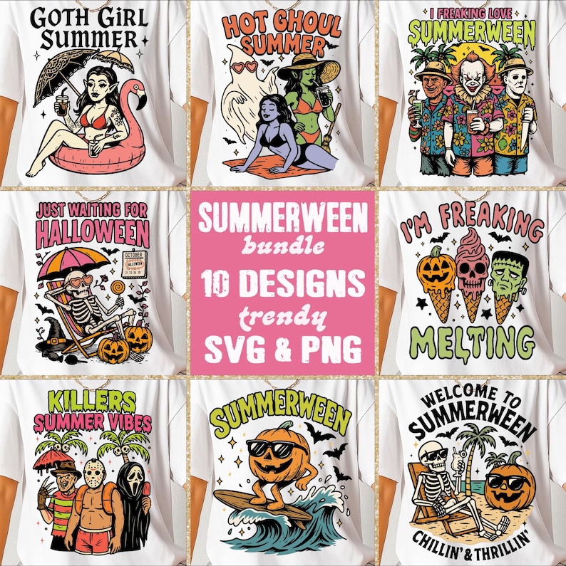 May include: A collection of white t-shirts featuring various graphic designs. The designs include Halloween-themed illustrations with text such as "Goth Girl Summer," "Hot Ghoul Summer," and "Summerween." The shirts are perfect for those who enjoy spooky and fun summer vibes.