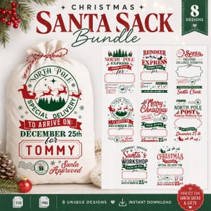 May include: A cream-colored fabric Santa sack featuring a red and green North Pole Special Delivery graphic with the name Tommy, alongside a digital sheet displaying eight distinct Christmas-themed label designs for gift bags and holiday parcels.
