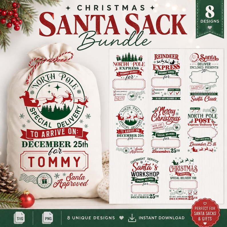 May include: A cream-coloured fabric Santa sack featuring a red and green North Pole Special Delivery graphic with the name Tommy, alongside a digital sheet displaying eight distinct Christmas-themed label designs for gift bags and holiday parcels.