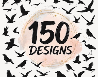 May include: A collection of 150 black bird silhouettes in various flight and standing poses arranged around a central pale pink watercolor circle with the black text 150 DESIGNS printed in the middle of the circular graphic element.