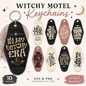 May include: A collection of ten motel-style keychains in black, cream, and dusty rose colours. Each keychain features unique text and graphic designs including phrases like In My Witchy Era, Hex The Patriarchy, and Support Your Local Coven.