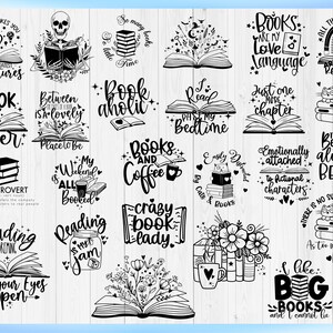 May include: A collection of black and white digital illustrations featuring various book-themed designs, including open books, stacks of books, cats, flowers, and typography with phrases like Reading Takes You On The Greatest Adventures and Bookaholic.