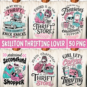 Thrifting Skeleton PNG, Funny Thrift Store Lover Retro Vintage Shopper Coquette Secondhand Skull Humor Sublimation